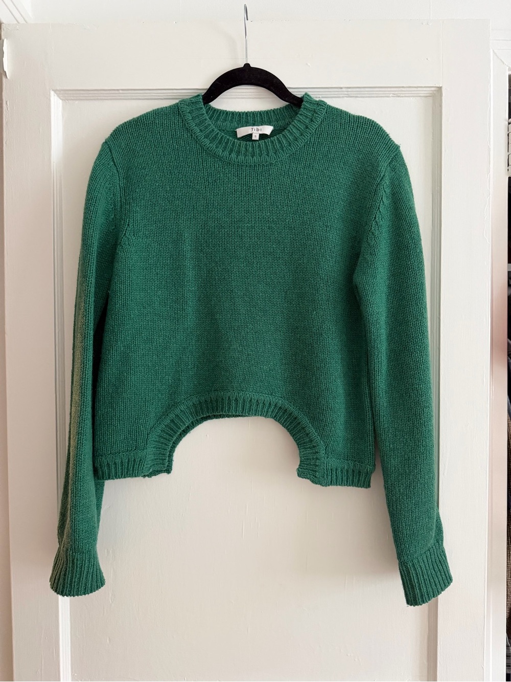 Tibi Teal Green Cropped Crewneck Sweater